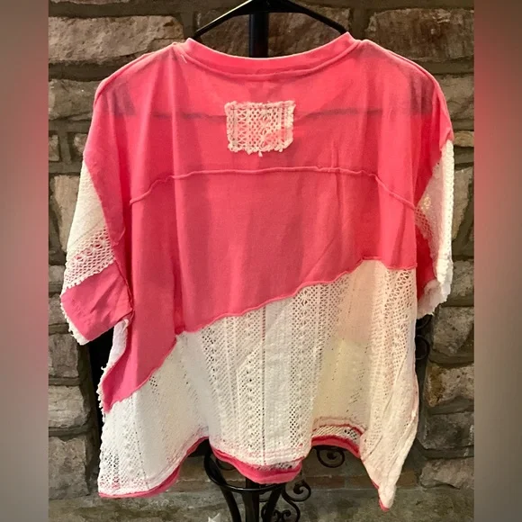 (NWOT) POL Pink Patchwork Peace Sign Top | Boho Cottagecore Lace | Size L - Picture 3 of 3